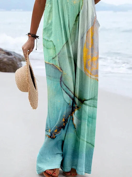 Vintage Loose Linen Blend Gradient Pattern Jumpsuit
