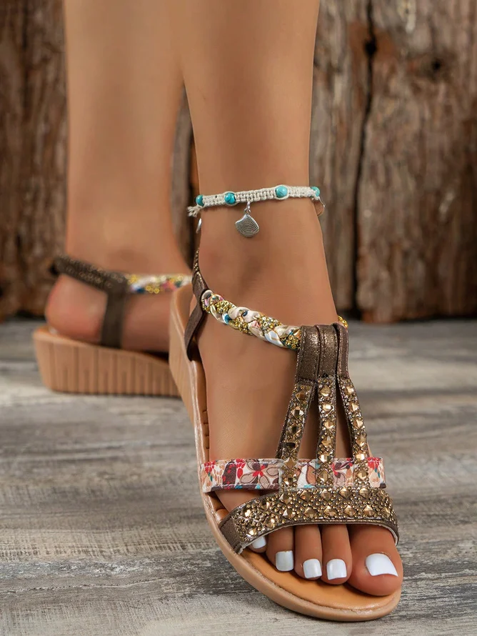 Women Rhinestone Floral Print Braided Ankle Strap Wedge Sandals