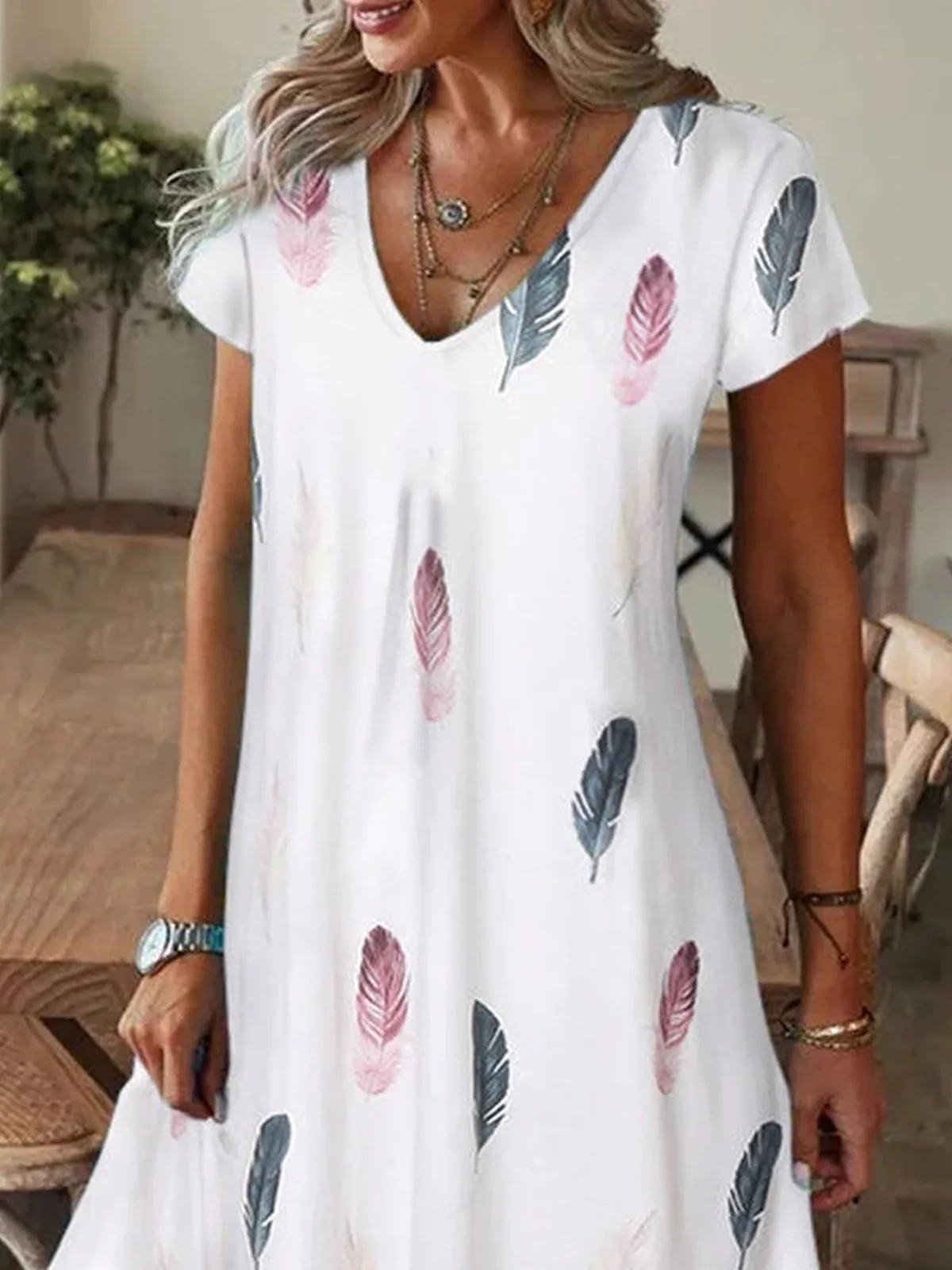 Cotton Feather Pattern V Neck Casual Dress With No