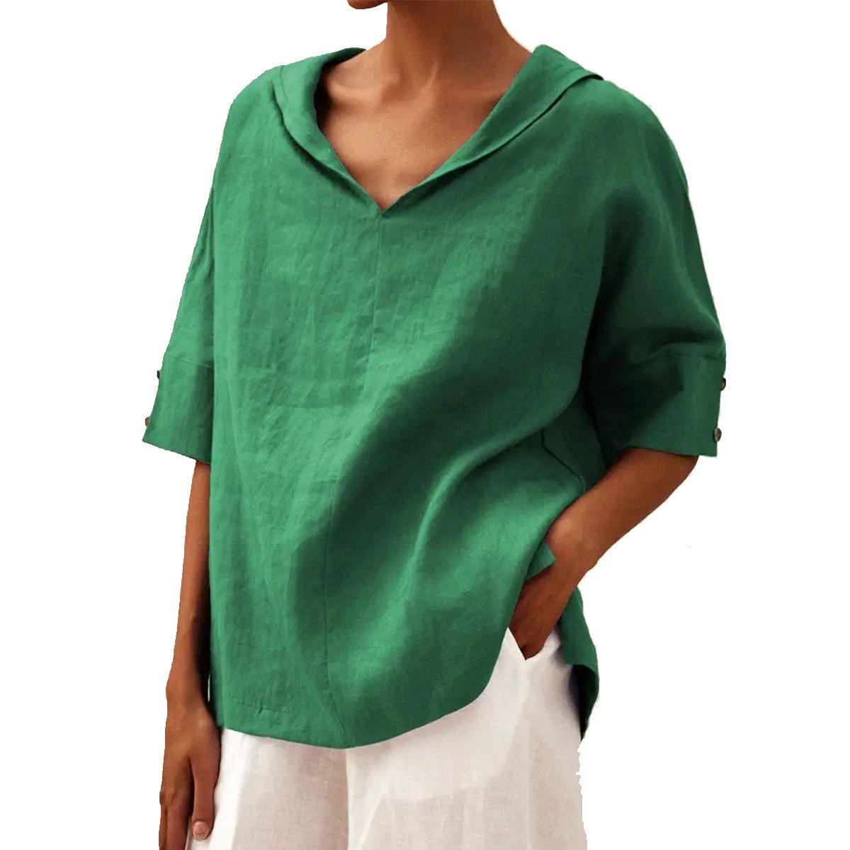 Women's Half Sleeve Blouse Summer White Plain Linen V Neck Daily Going Out Casual Top