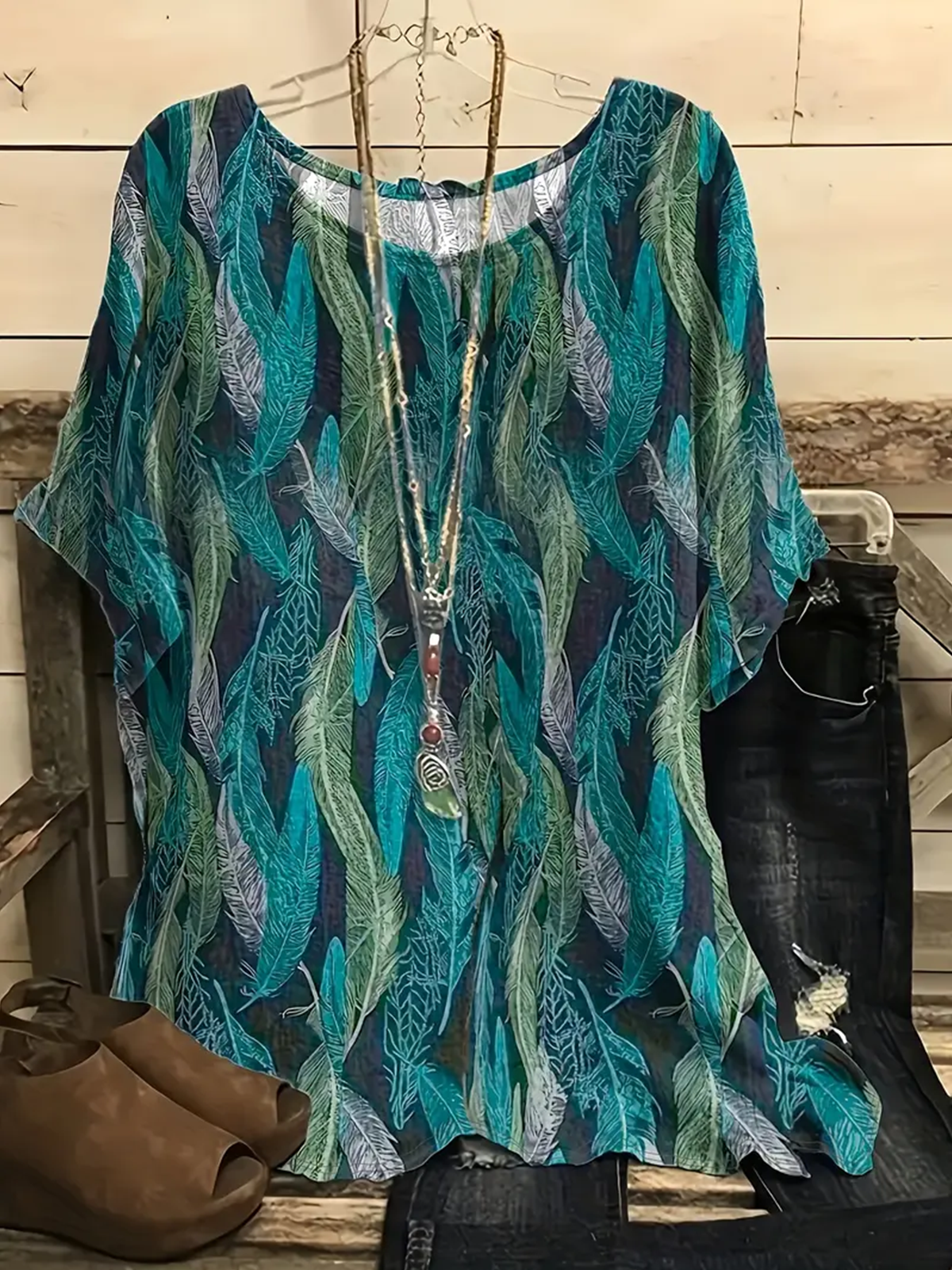 Vintage Dolman Sleeve Crew Neck Abstract Graphic T-Shirt