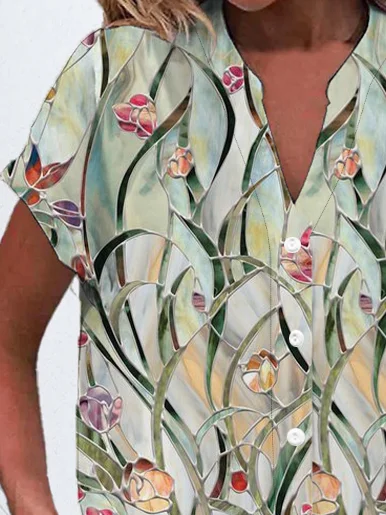 Women's Short Sleeve Shirt Summer Green Floral Buckle V Neck Daily Going Out Casual Top