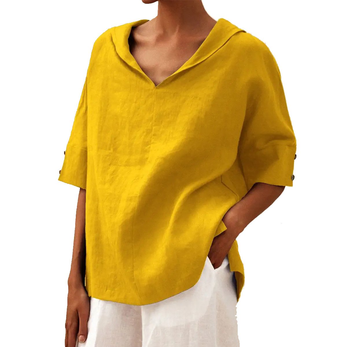 Women's Half Sleeve Blouse Summer White Plain Linen V Neck Daily Going Out Casual Top