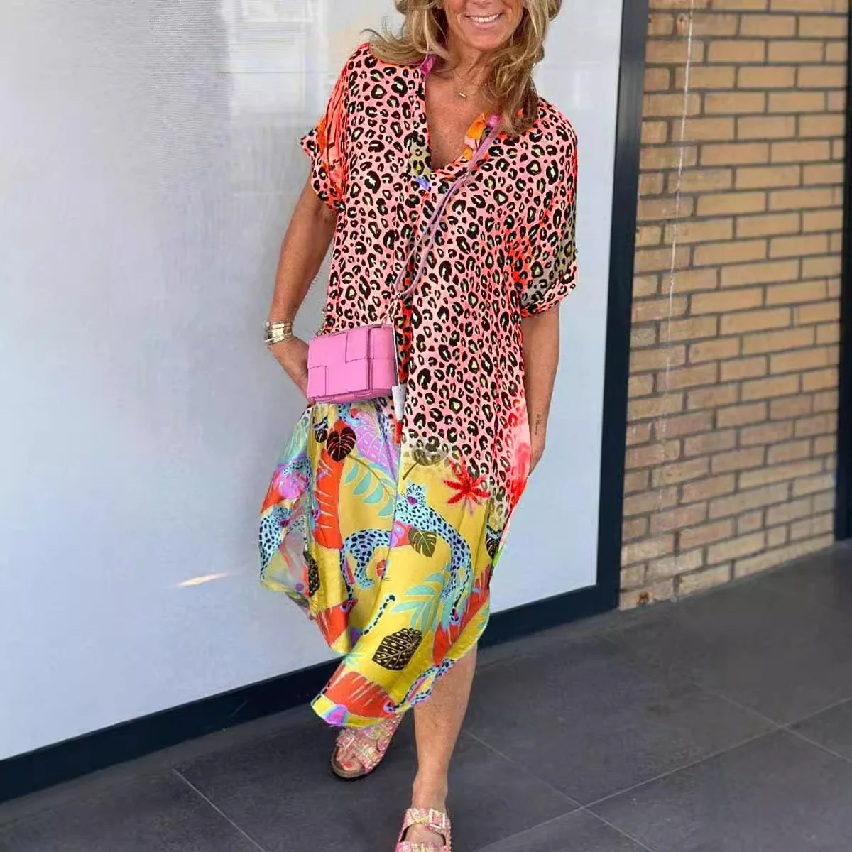 Women's short-sleeved summer purple leopard print plant half-open collar loose V-neck print color matching cheetah pocket slits daily outing casual mid-length dress