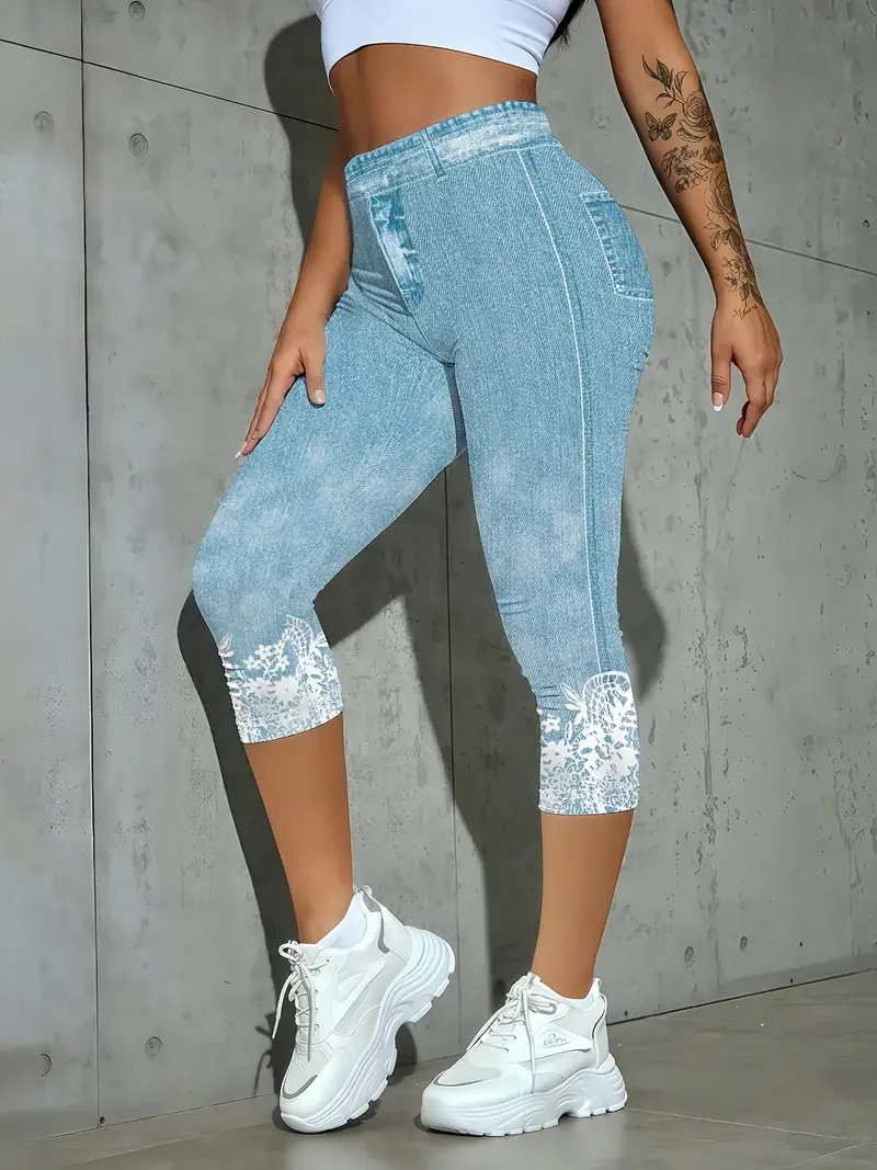 Regular Fit Casual Faux Denim Print Graphic Pants