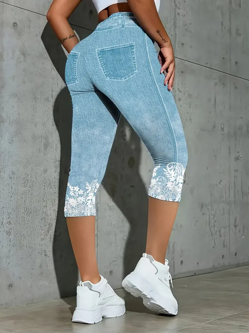 Regular Fit Casual Faux Denim Print Graphic Pants