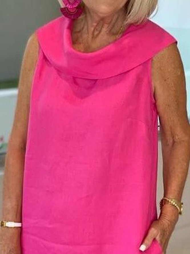 Women's Sleeveless Summer Sky Blue Solid Shawl Collar Daily Outing Casual Midi A-Line Slim Flared Skirt Dress