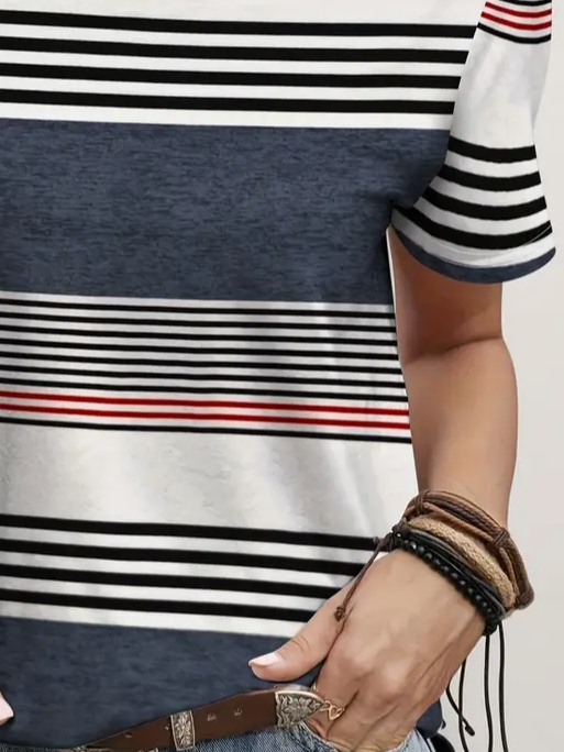 Women's Striped Printed Casual Round Neck Short Sleeve T-Shirt