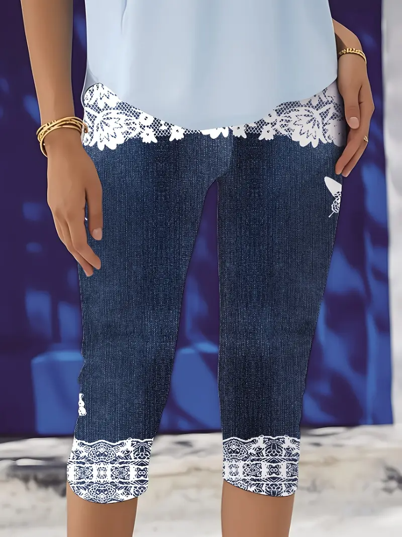 Regular Fit Casual Faux Denim Print Graphic Pants