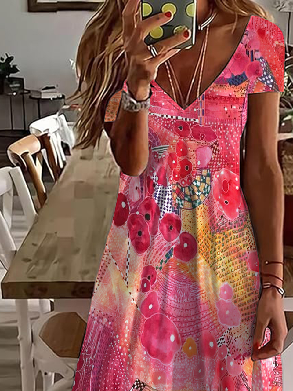 Casual V-Neck Printed Short-Sleeved Dress