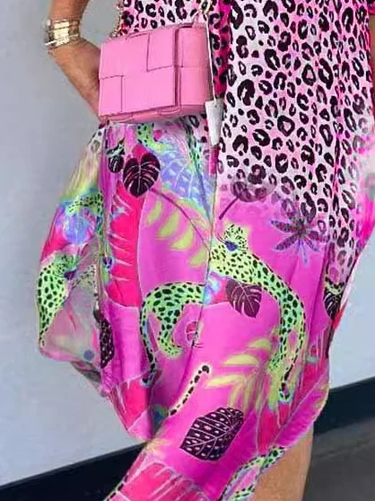 Women's short-sleeved summer purple leopard print plant half-open collar loose V-neck print color matching cheetah pocket slits daily outing casual mid-length dress
