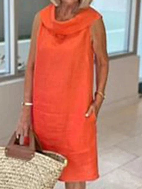 Women's Sleeveless Summer Sky Blue Solid Shawl Collar Daily Outing Casual Midi A-Line Slim Flared Skirt Dress