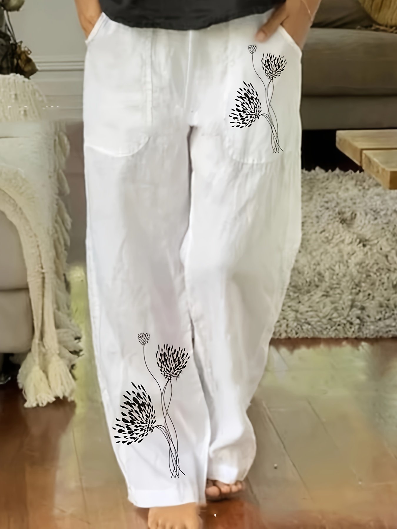 White Pockets Shift Casual Elastic Waist Pants