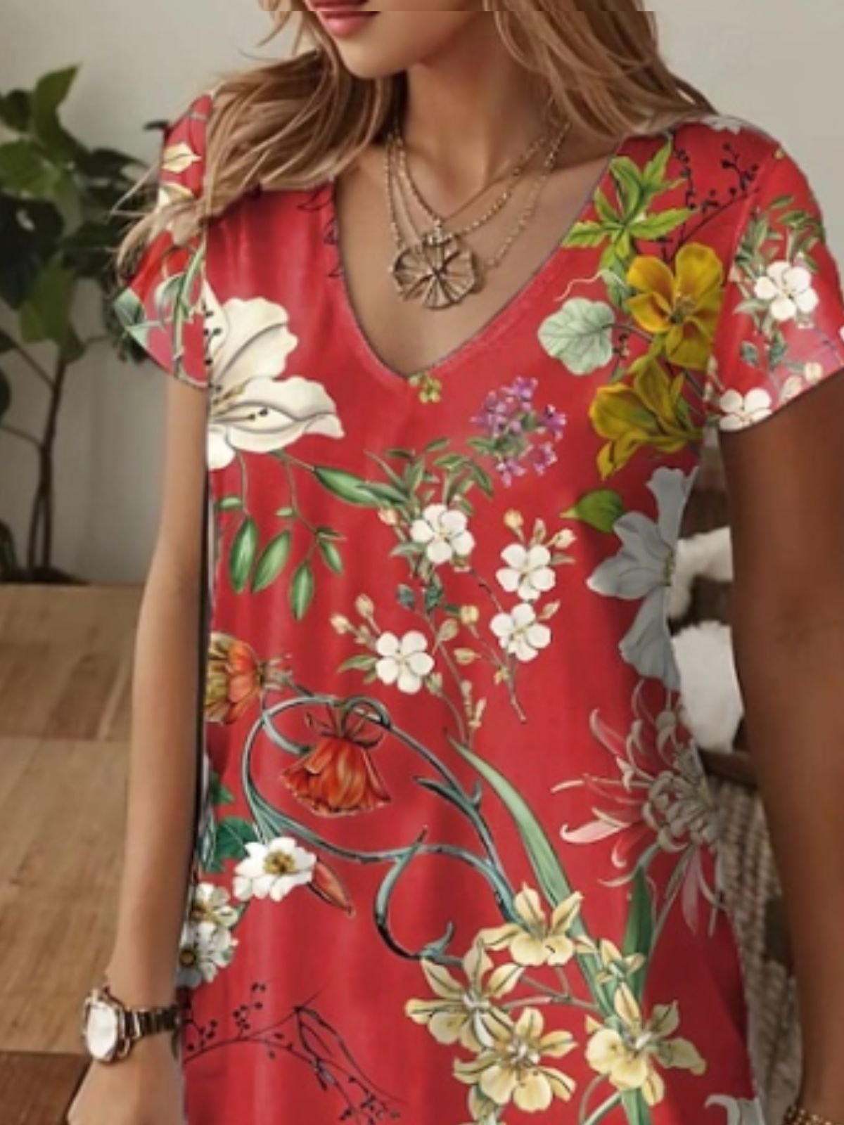 Floral Casual V Neck Cotton Dress With No