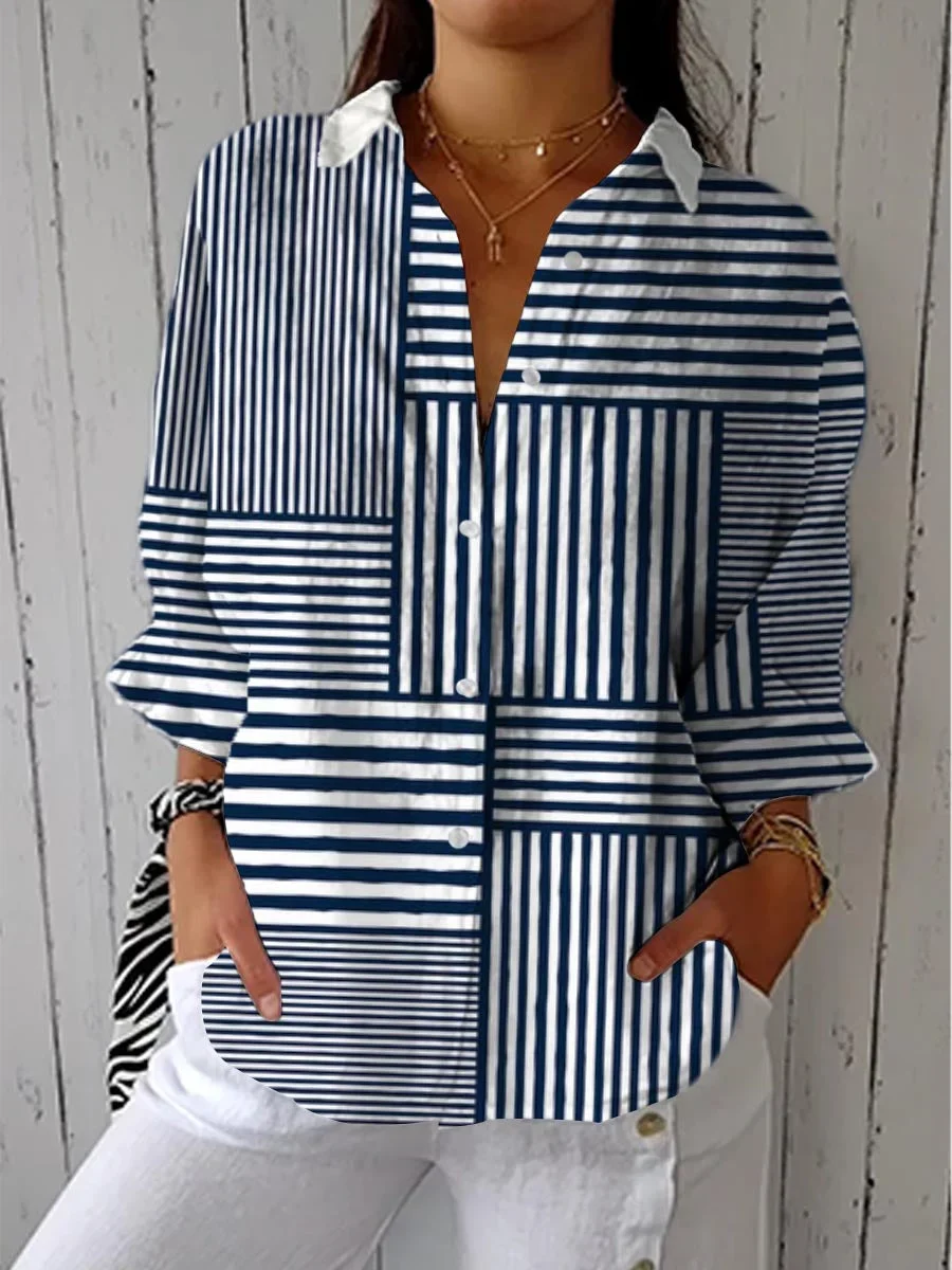 Women's Striped Stitching Printed Casual Shirt