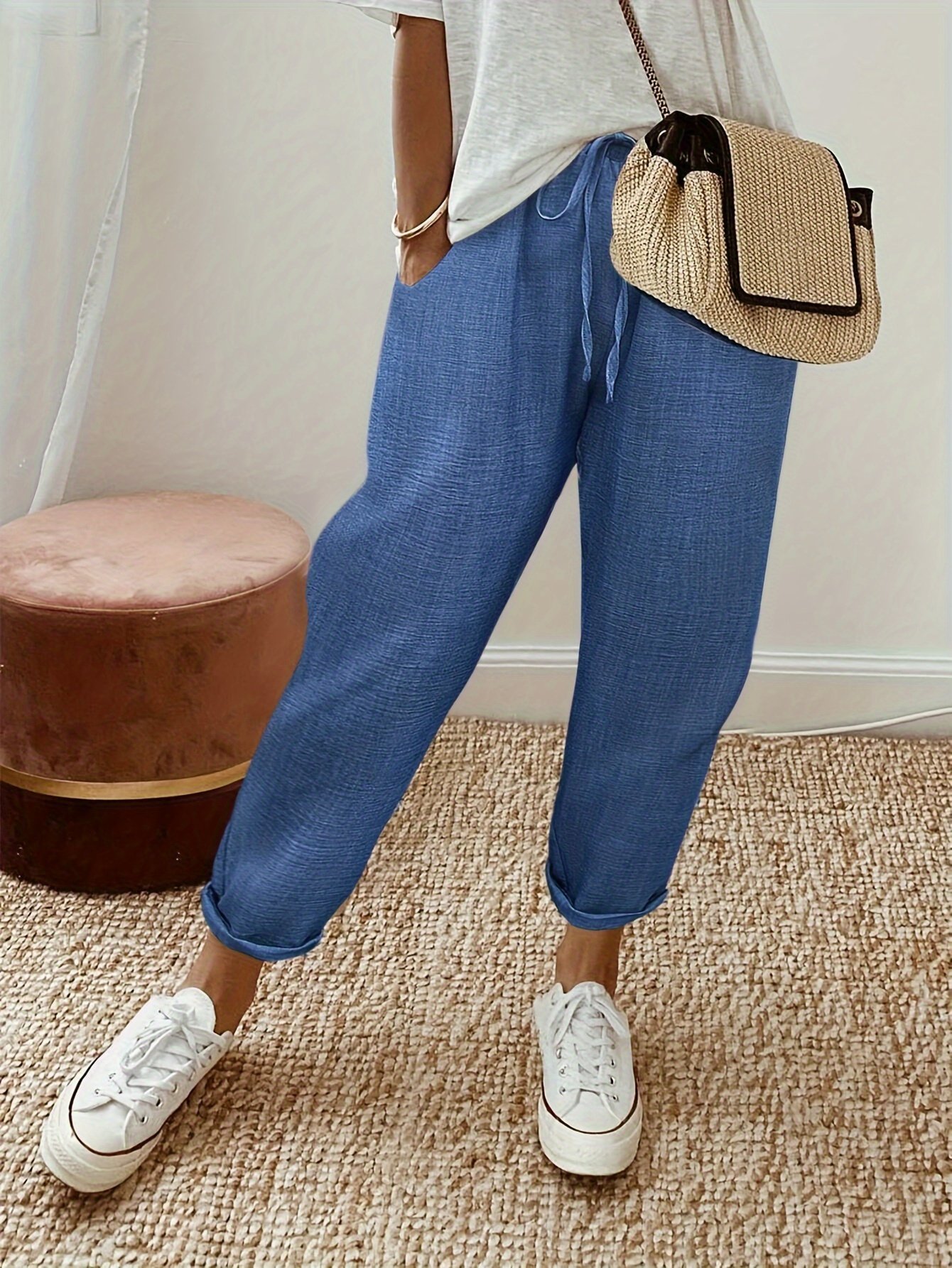 Faux Denim Print Graphic Casual Pants
