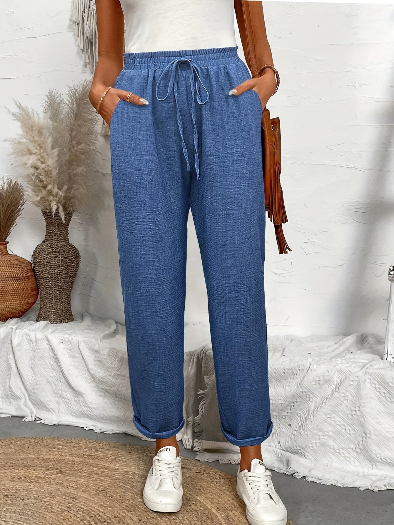 Faux Denim Print Graphic Casual Pants