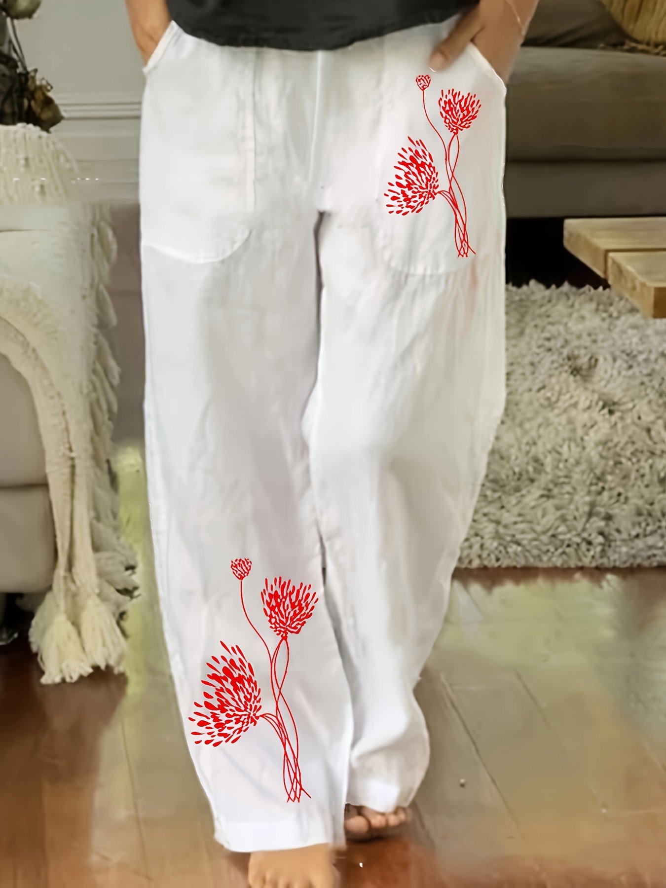 White Pockets Shift Casual Elastic Waist Pants