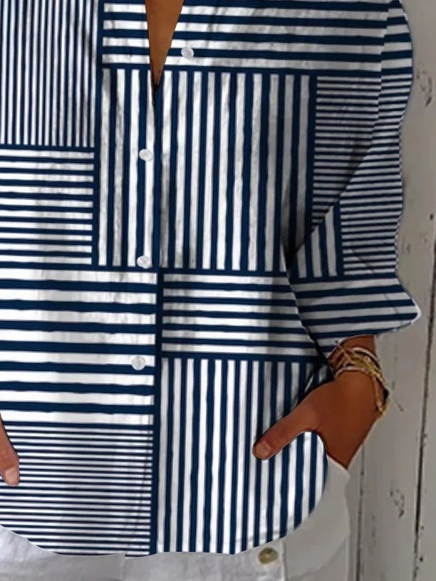 Women's Striped Stitching Printed Casual Shirt