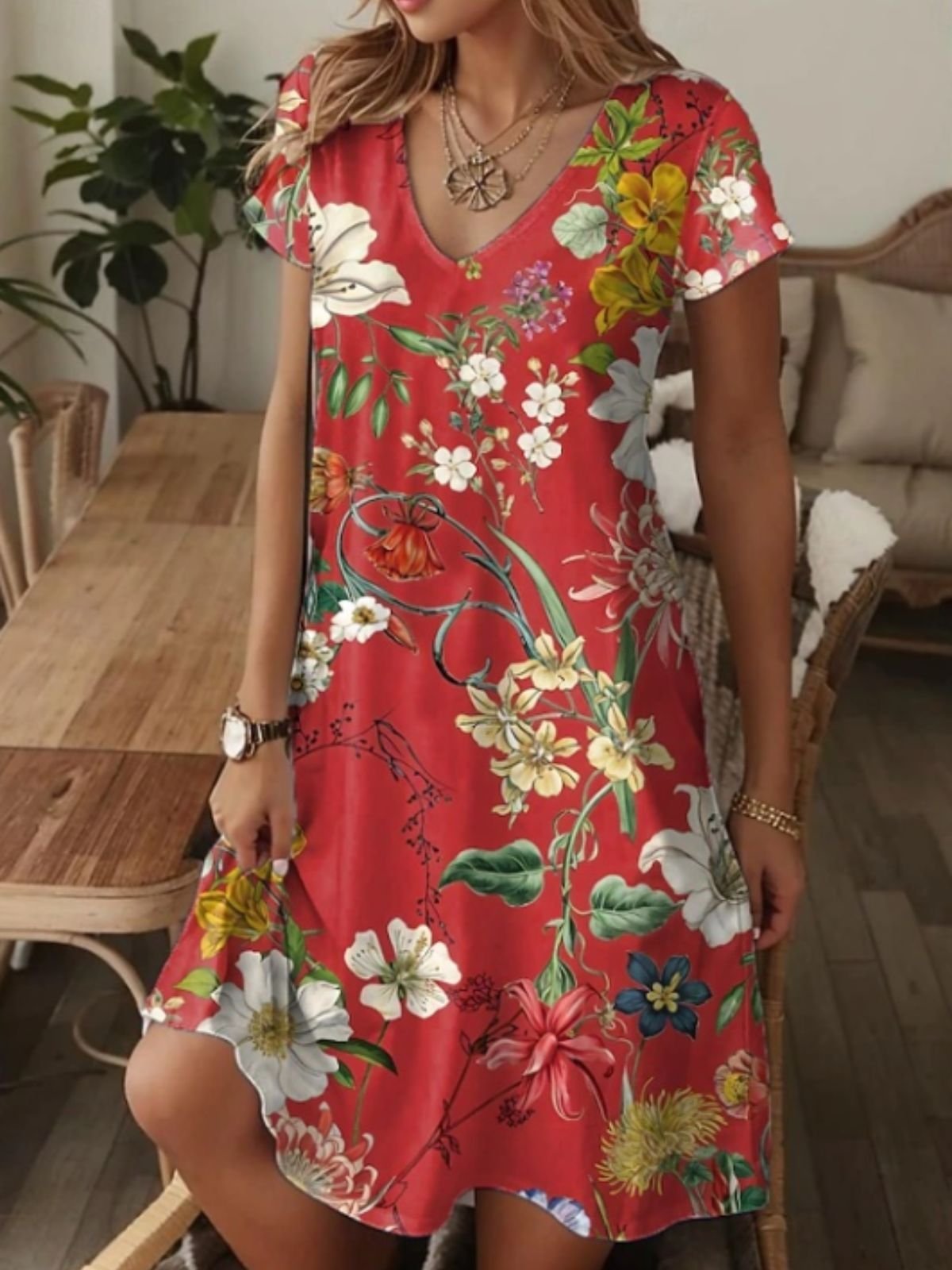 Floral Casual V Neck Cotton Dress With No