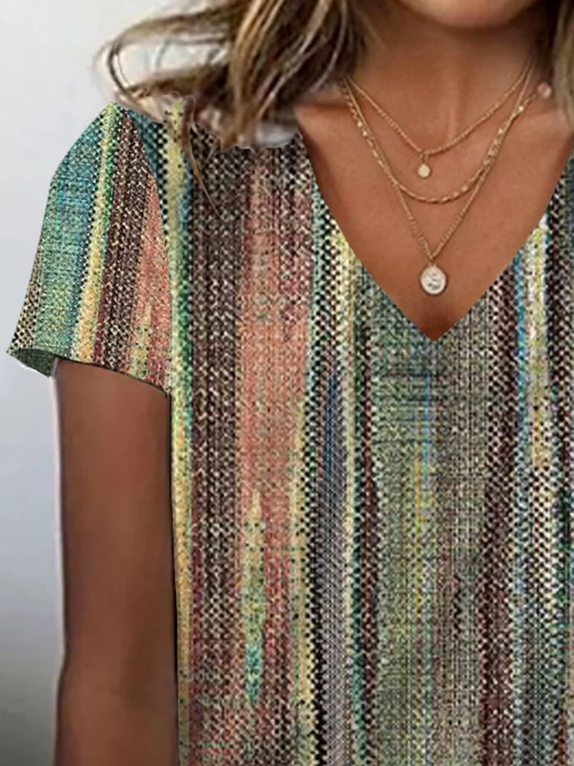 Women's Stripe Print Casual V-Neck Short Sleeve T-Shirt