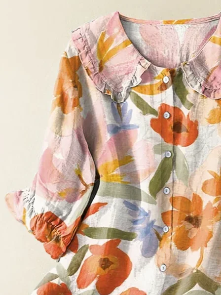 Women's Floral Print Casual Peter Pan Collar Shirt