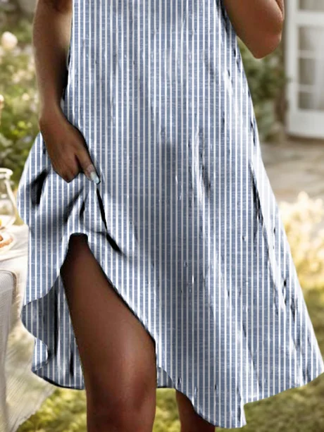 Women's Striped Print Lapel Short Sleeve Dress
