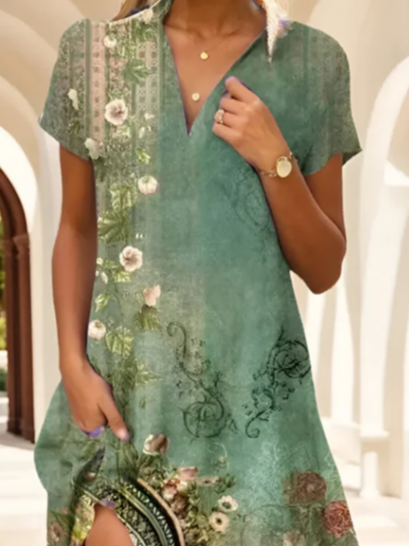 Women's Floral Print Lapel Short Sleeve Dress