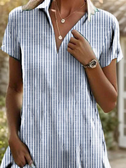 Women's Striped Print Lapel Short Sleeve Dress