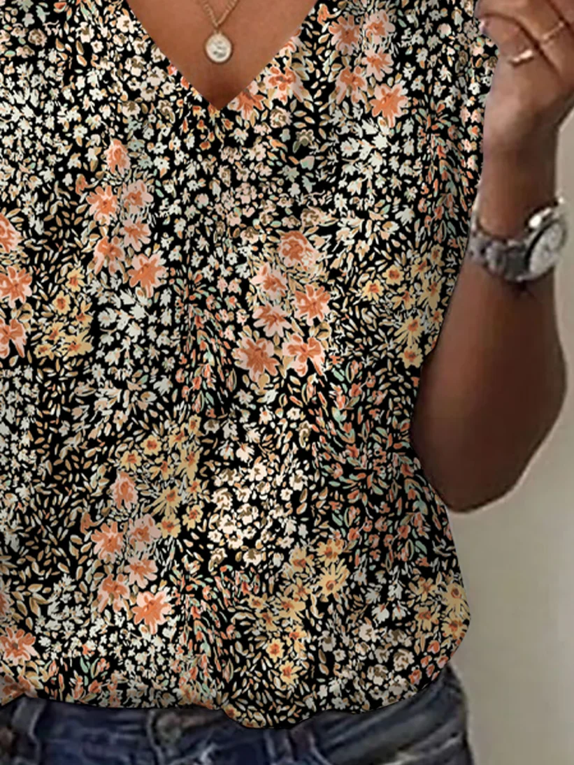 Women's Floral Print Casual V-Neck Short Sleeve T-Shirt