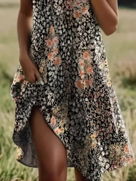 Women's Floral Print Lapel Short Sleeve Dress