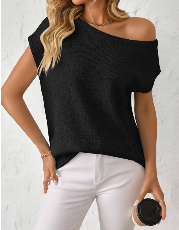 Women's knitwear Y2K summer knit sweater curved beaded ice silk fabric knitted pullover oblique shoulder round neck top
