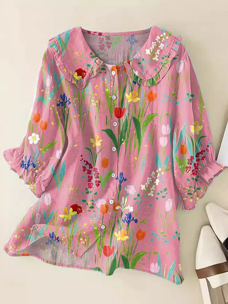 Women's Floral Print Casual Peter Pan Collar Shirt
