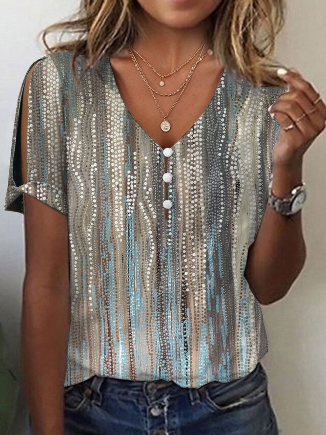 Print Casual V Neck Short Sleeve T-Shirt