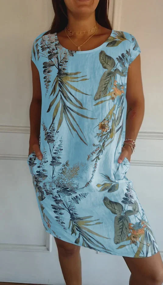 Women's Sleeveless Summer White Tropical Pocket Stitching Crew Neck Daily Going Out Casual Mini A-Line Fit & Flare Dress Dress