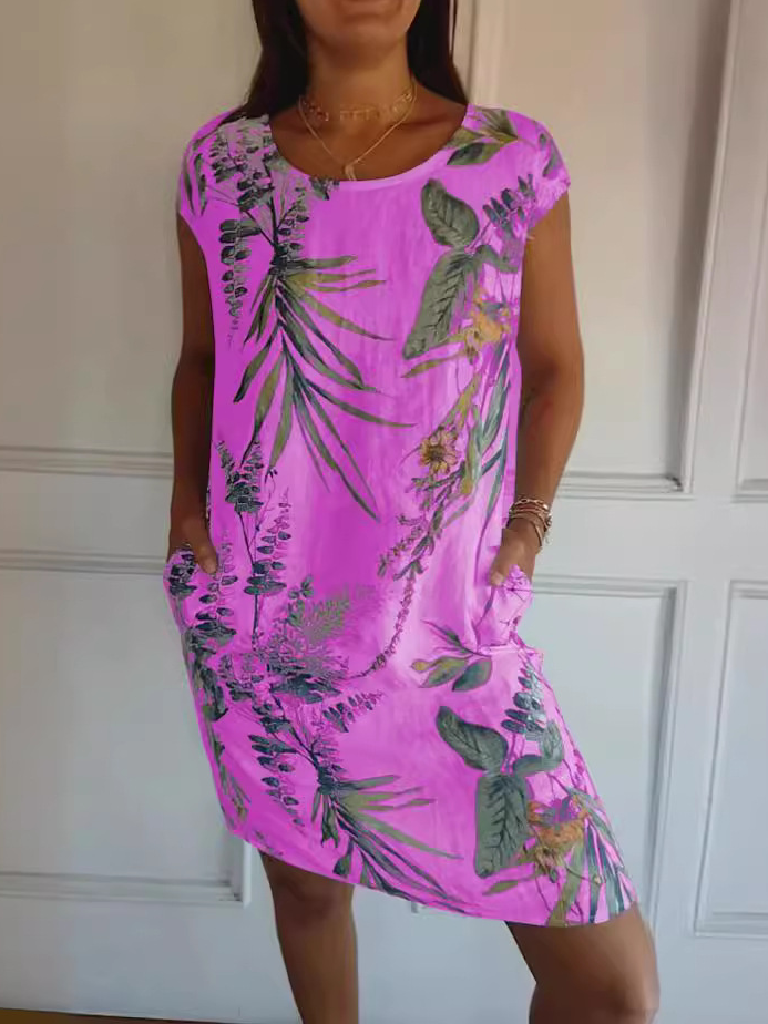 Women's Sleeveless Summer White Tropical Pocket Stitching Crew Neck Daily Going Out Casual Mini A-Line Fit & Flare Dress Dress