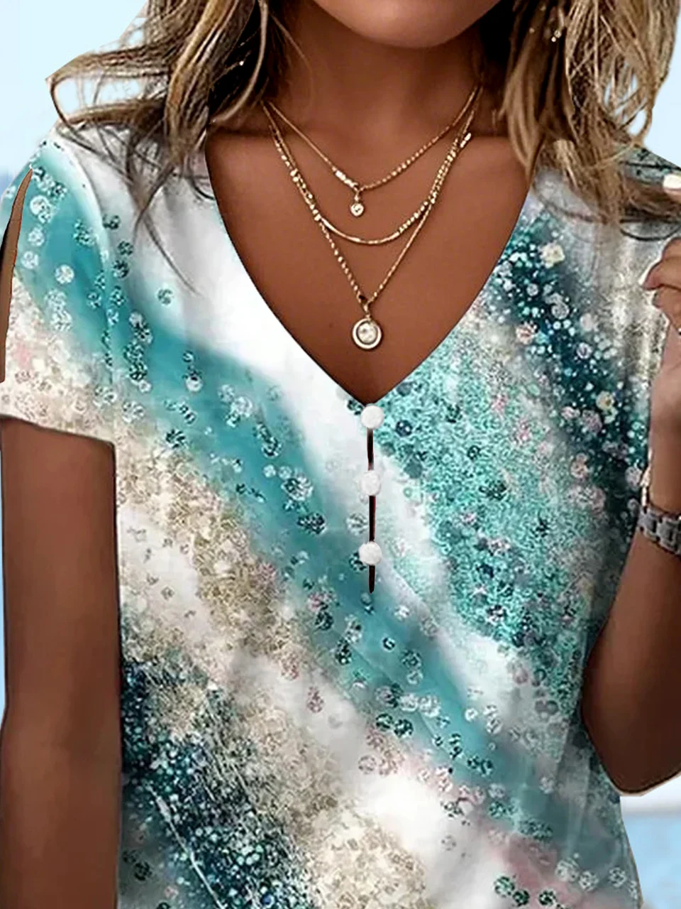 Print Casual V Neck Short Sleeve T-Shirt