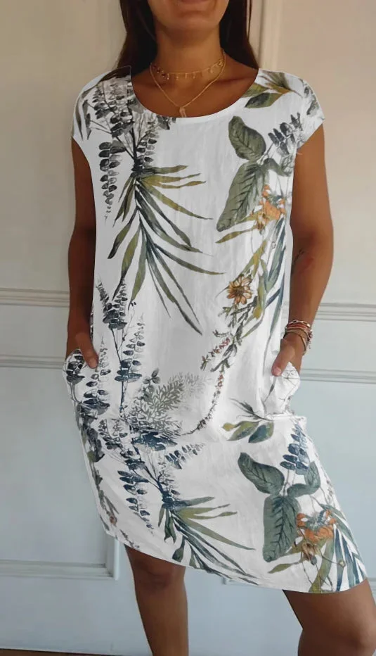 Women's Sleeveless Summer White Tropical Pocket Stitching Crew Neck Daily Going Out Casual Mini A-Line Fit & Flare Dress Dress