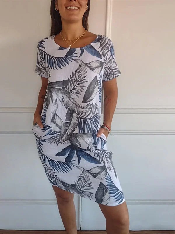 Women's Sleeveless Summer White Tropical Pocket Stitching Crew Neck Daily Going Out Casual Mini A-Line Fit & Flare Dress Dress