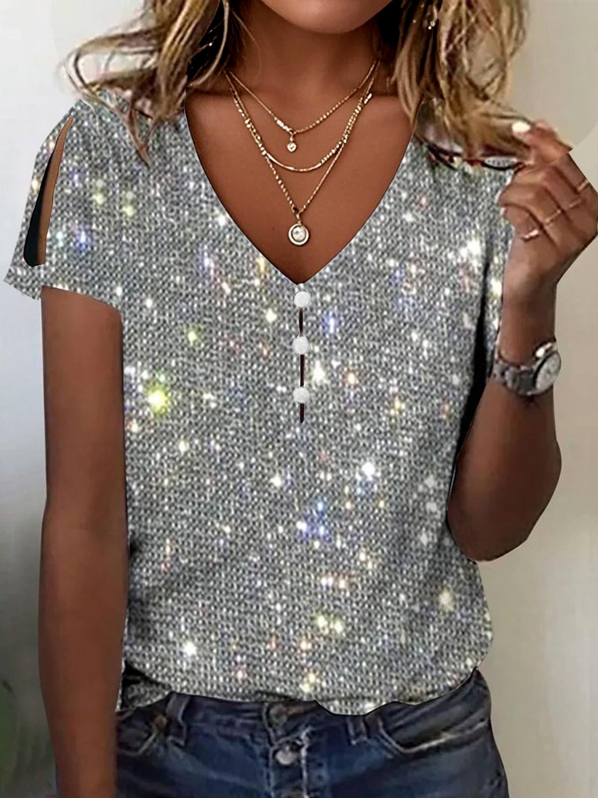 Print Casual V Neck Short Sleeve T-Shirt