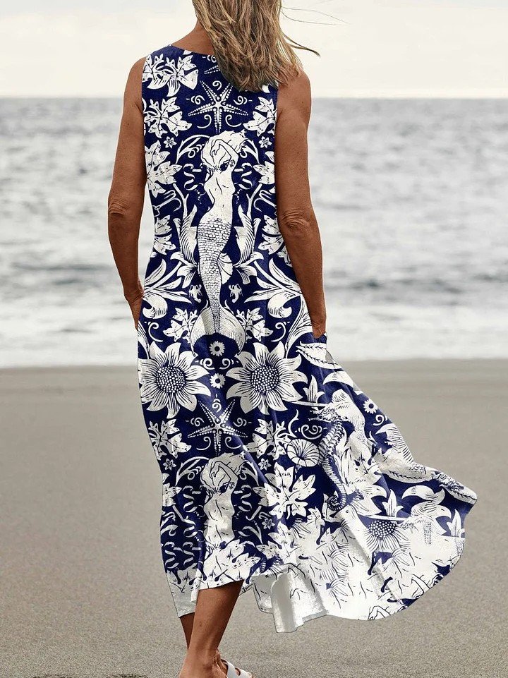Women's Mermaid Art Print Casual Linen Dress