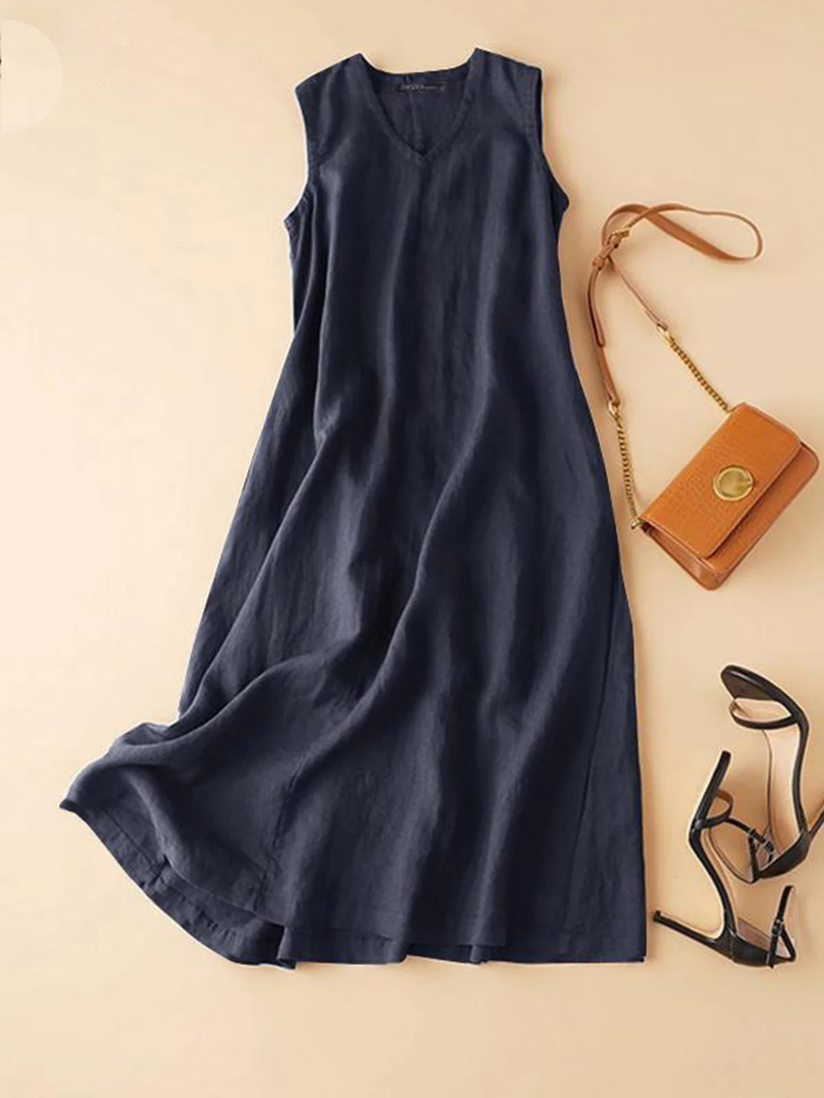 Cotton Dress Women Summer V-neck Sleeveless