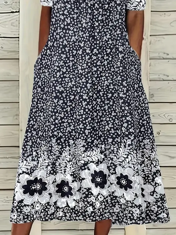 Women's Short Sleeve Summer Black Floral Printing Crew Neck Daily Going Out Casual Maxi H-Line Shift Dress Dress