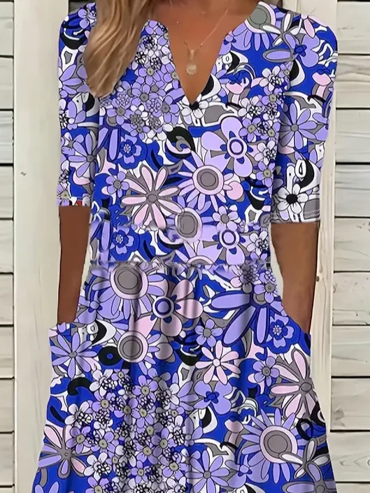 Women's Short Sleeve Summer Purple Floral Printing V Neck Daily Going Out Casual Maxi H-Line Fit & Flare Dress Dress