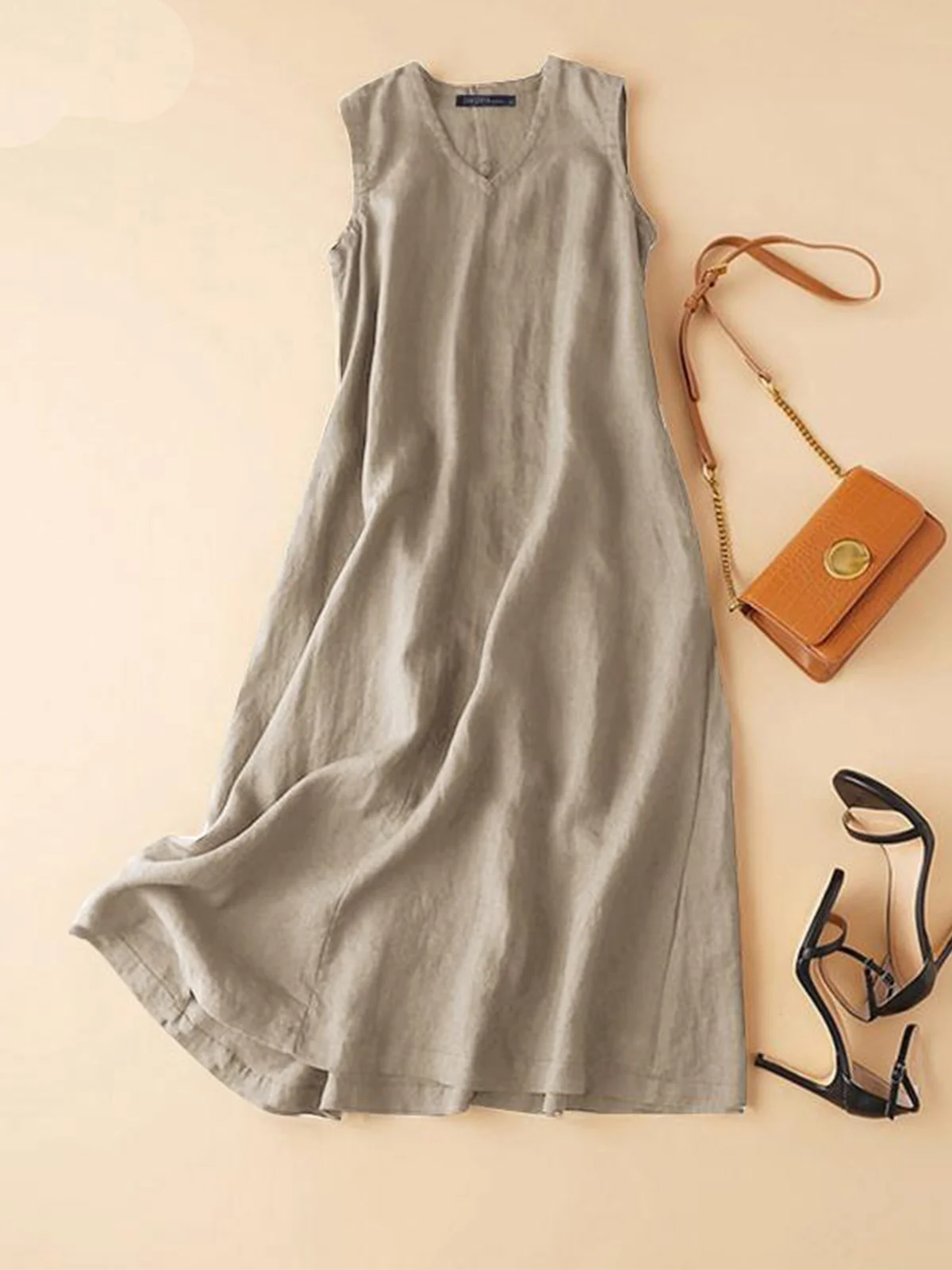 Cotton Dress Women Summer V-neck Sleeveless