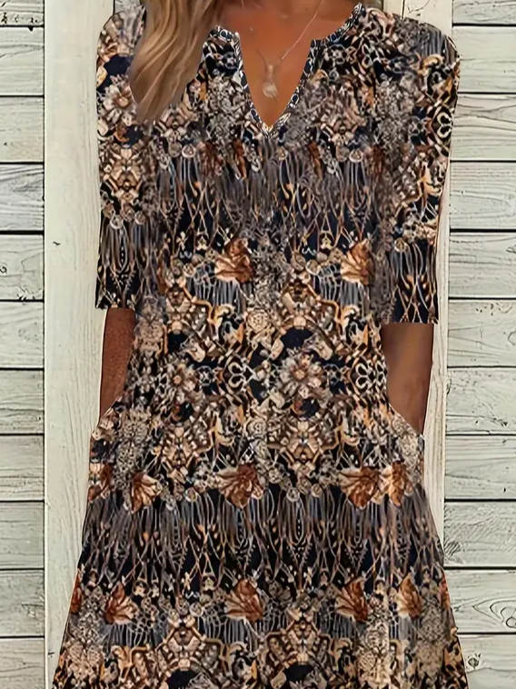 Women's Short Sleeve Summer Brown Floral Printing V Neck Daily Going Out Casual Maxi H-Line Fit & Flare Dress Dress