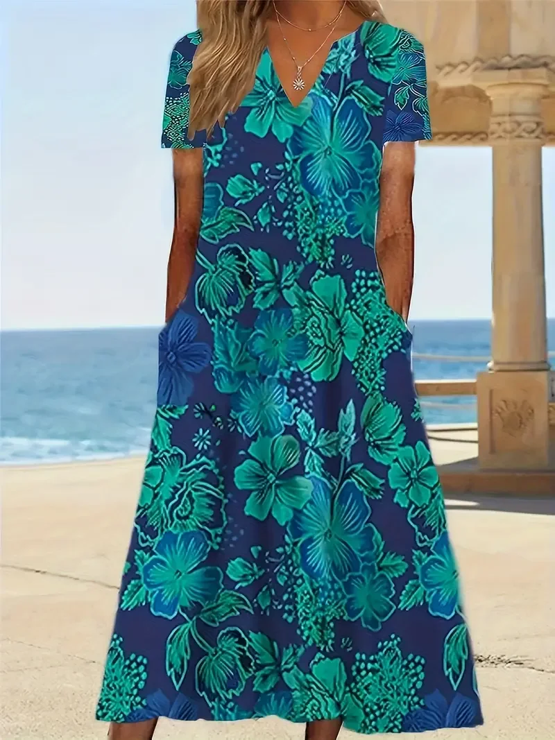 Women's Short Sleeve Summer Cyan Floral Printing V Neck Daily Going Out Casual Maxi H-Line Fit & Flare Dress Dress