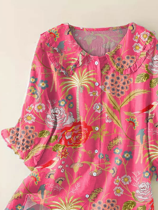 Women Vintage Flowers Art Print Loose Top Peter Pan Collar Half Sleeve Blouses