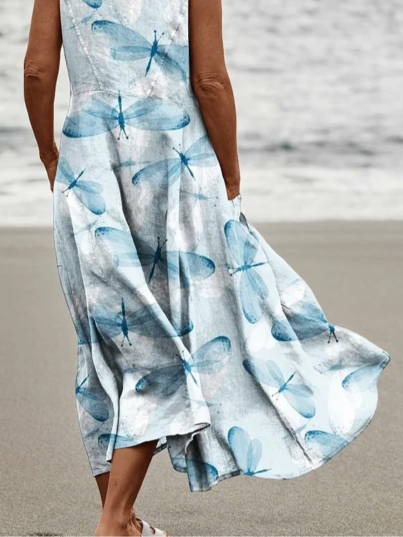 Blue Dragonfly Print Womens Pocket Pinafore Linen Dress