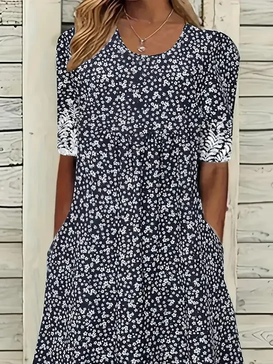 Women's Short Sleeve Summer Black Floral Printing Crew Neck Daily Going Out Casual Maxi H-Line Shift Dress Dress